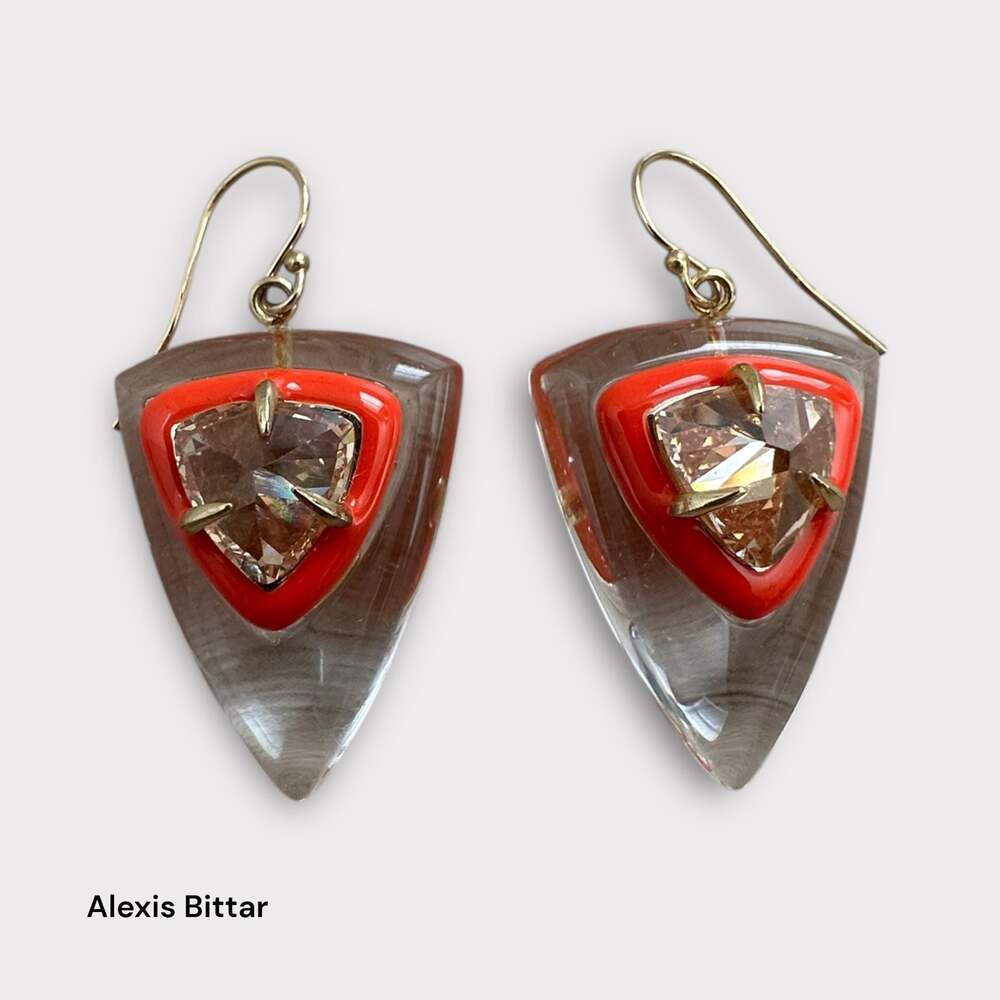 Alexis Bittar Lucite and Neon Orange Enamel Triangle Drop Earrings with Crystal